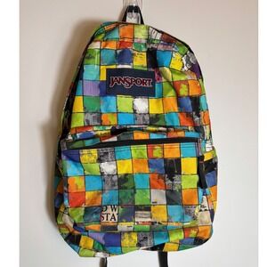 JanSport SuperBreak Backpack Multi Color Grid Newsprint Splatter School Bag Rare